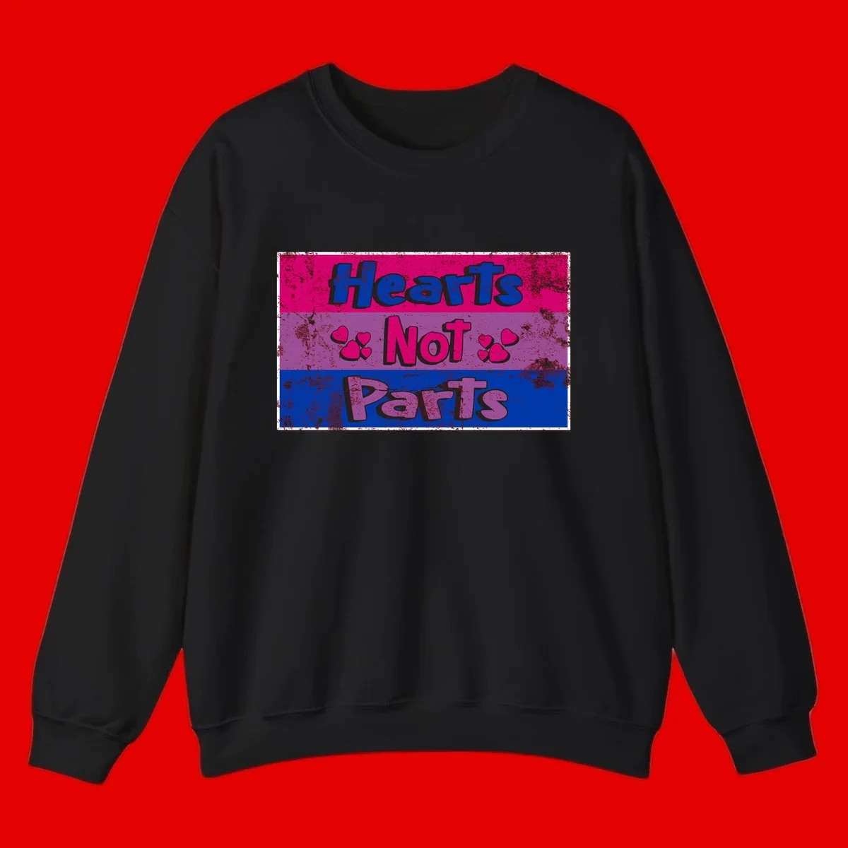 Distressed colorblock design with blue, magenta, and purple stripes featuring 'Hearts NOT Parts' text with heart icons, pride message artwork