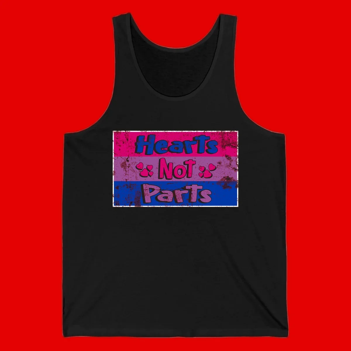 Distressed colorblock design with blue, magenta, and purple stripes featuring 'Hearts NOT Parts' text with heart icons, pride message artwork