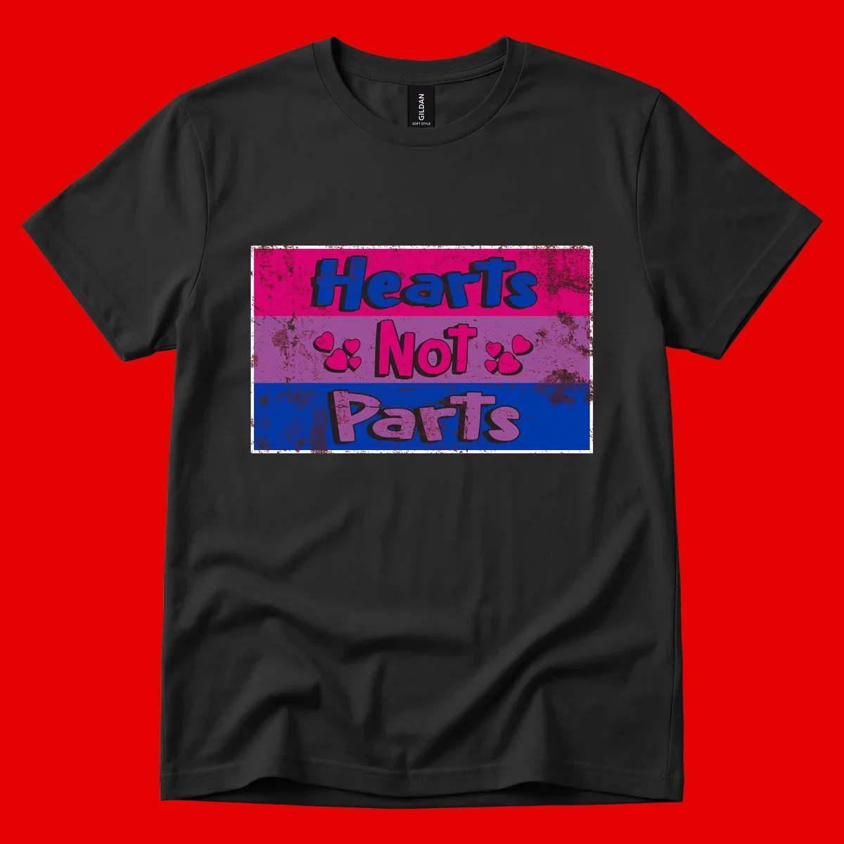 Distressed colorblock design with blue, magenta, and purple stripes featuring 'Hearts NOT Parts' text with heart icons, pride message artwork