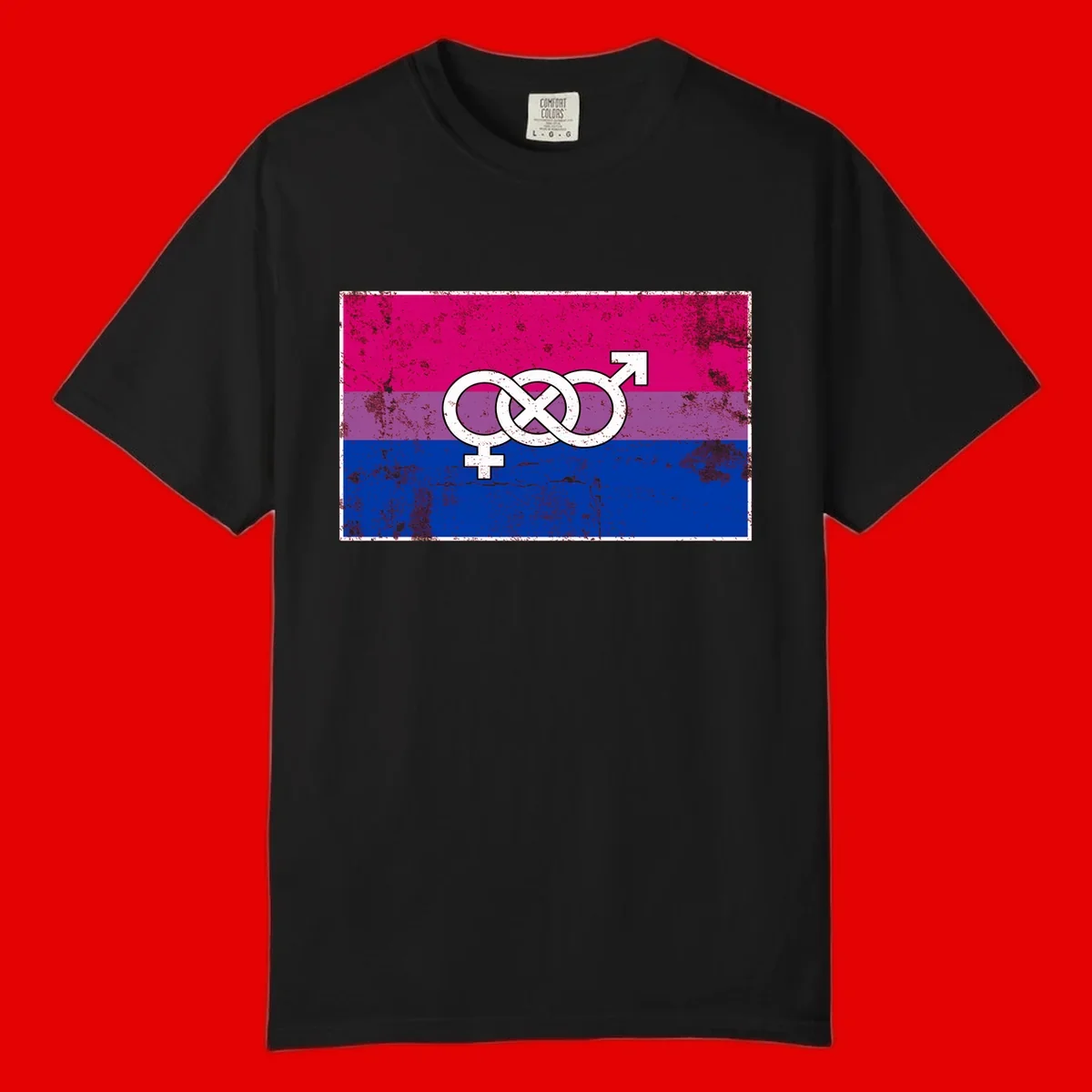 Bisexual infinity pride flag design with magenta, purple, and blue stripes, white infinity symbol, and gender symbols in distressed style