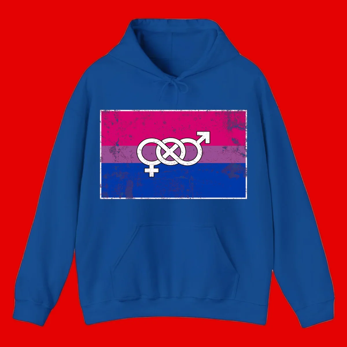 Bisexual infinity pride flag design with magenta, purple, and blue stripes, white infinity symbol, and gender symbols in distressed style