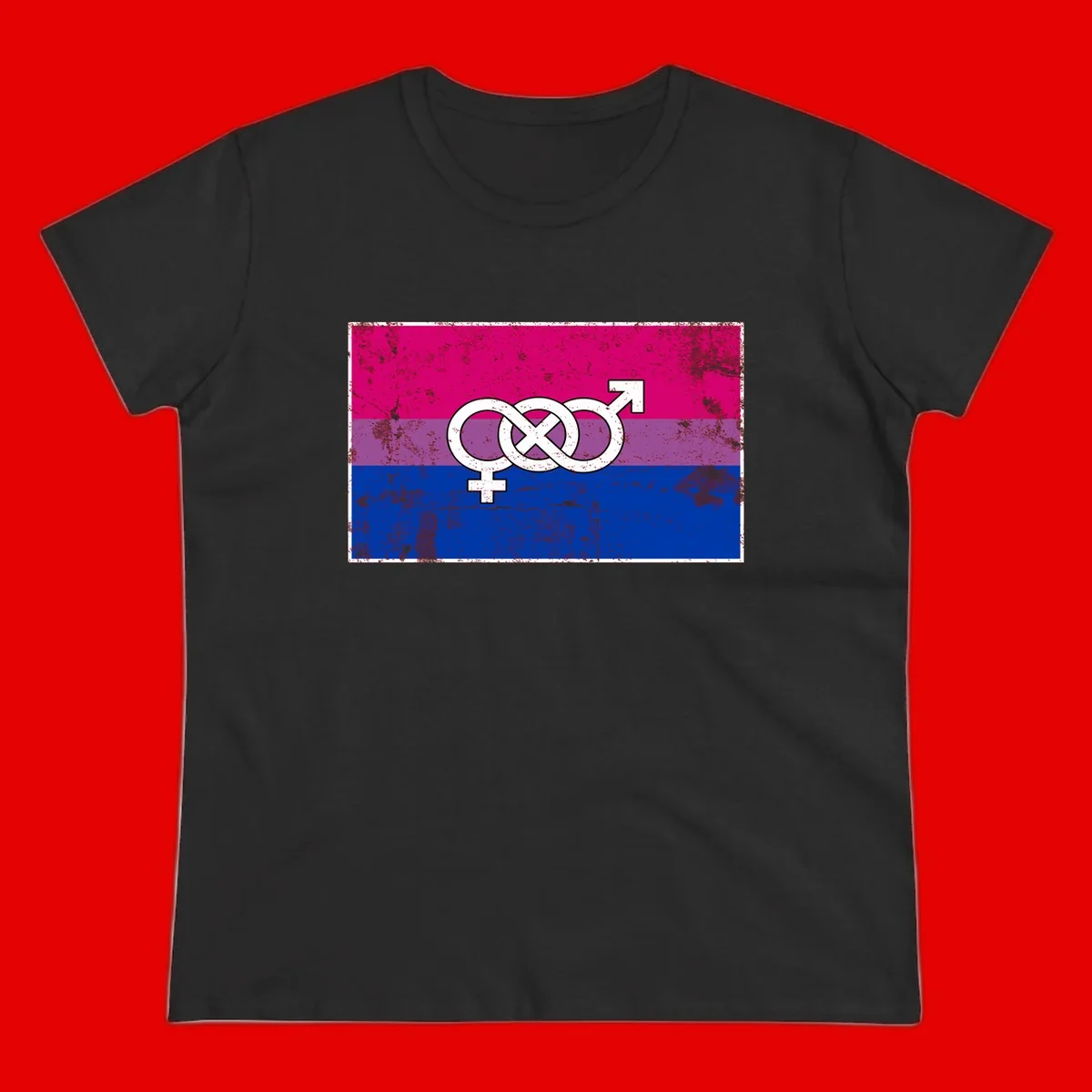 Bisexual infinity pride flag design with magenta, purple, and blue stripes, white infinity symbol, and gender symbols in distressed style