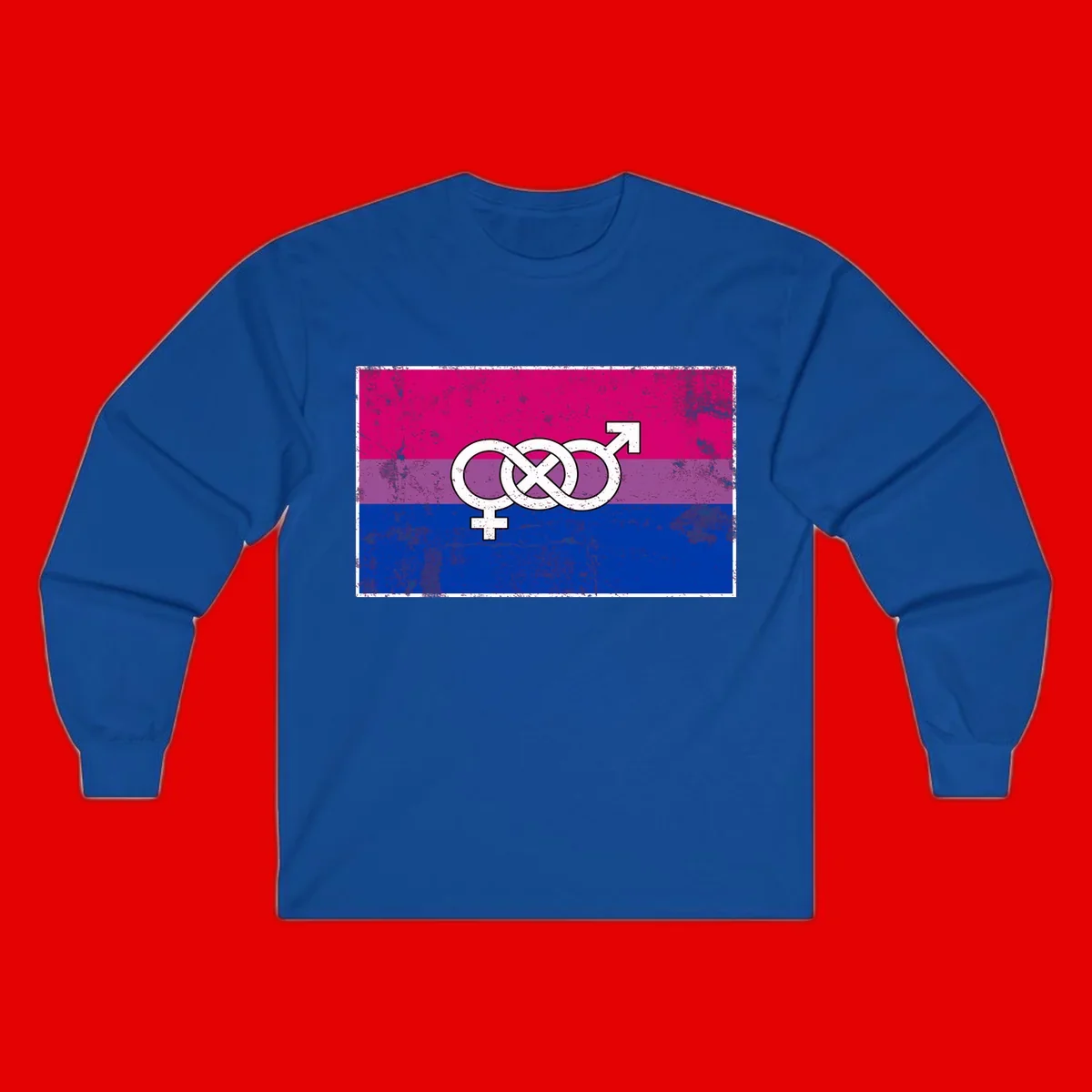 Bisexual infinity pride flag design with magenta, purple, and blue stripes, white infinity symbol, and gender symbols in distressed style