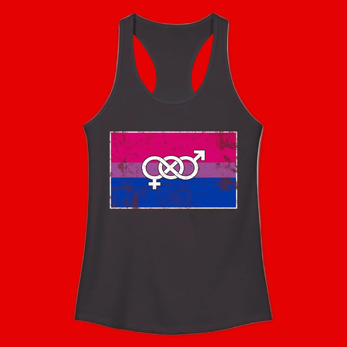 Bisexual infinity pride flag design with magenta, purple, and blue stripes, white infinity symbol, and gender symbols in distressed style