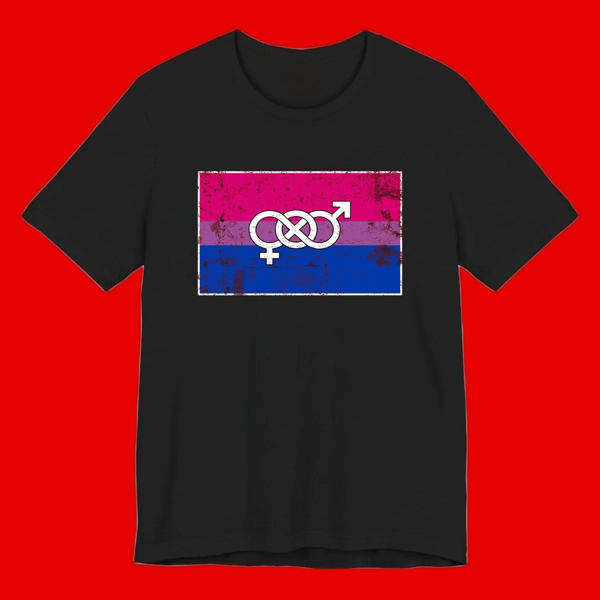 Bisexual infinity pride flag design with magenta, purple, and blue stripes, white infinity symbol, and gender symbols in distressed style