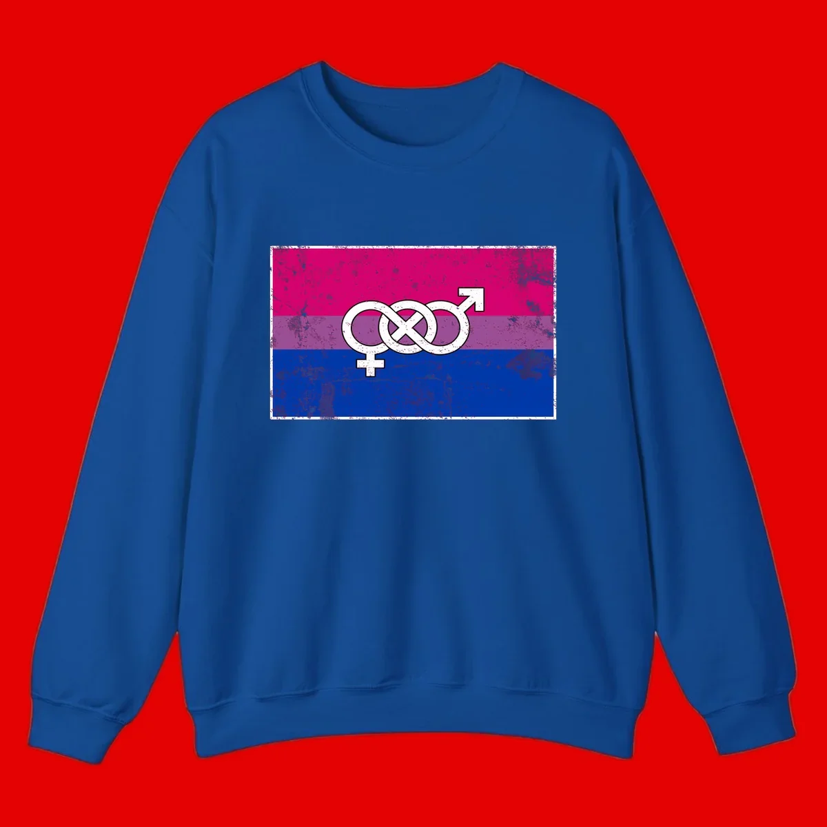 Bisexual infinity pride flag design with magenta, purple, and blue stripes, white infinity symbol, and gender symbols in distressed style