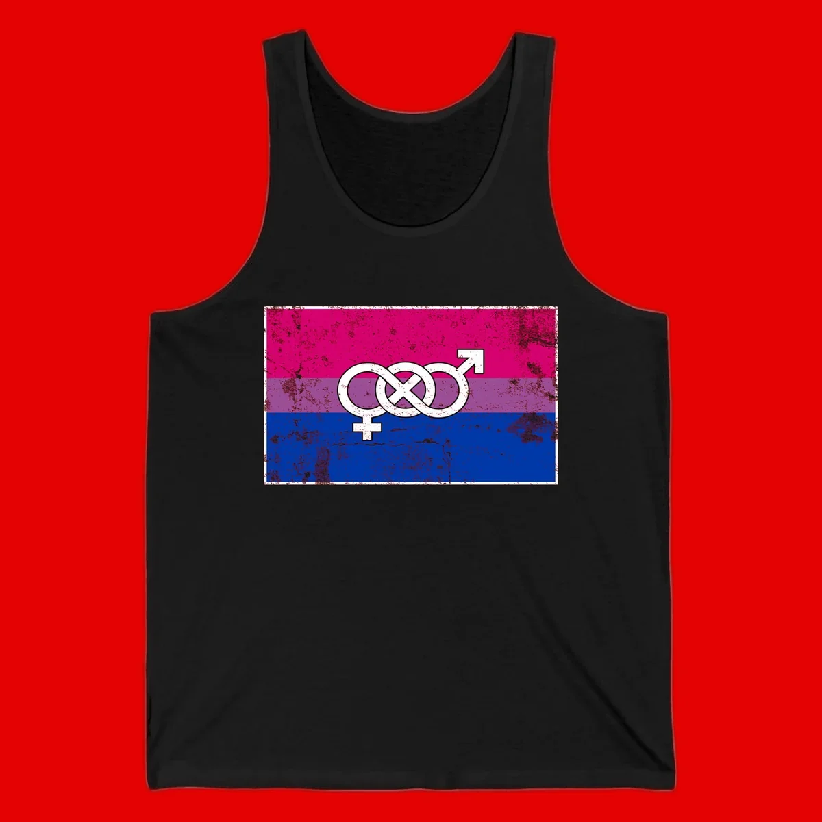 Bisexual infinity pride flag design with magenta, purple, and blue stripes, white infinity symbol, and gender symbols in distressed style