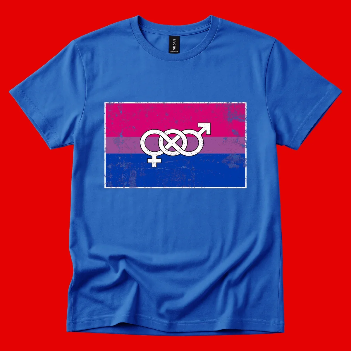 Bisexual infinity pride flag design with magenta, purple, and blue stripes, white infinity symbol, and gender symbols in distressed style