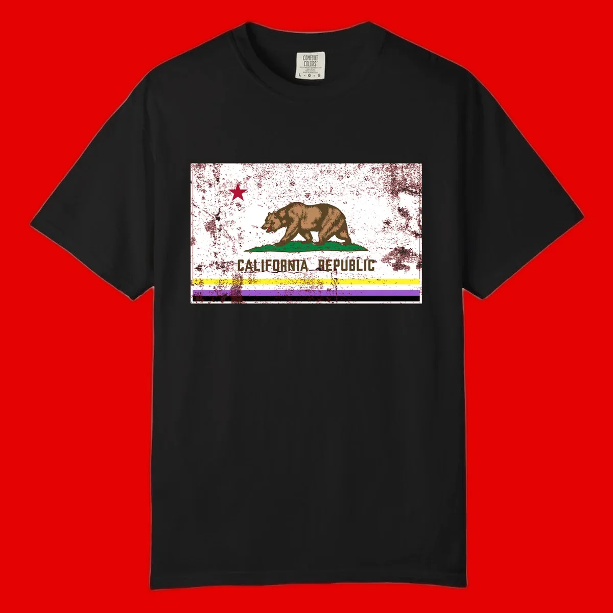 Vintage distressed California Republic bear design with red star, standing on green grass, with yellow, purple, and black pride flag stripes below