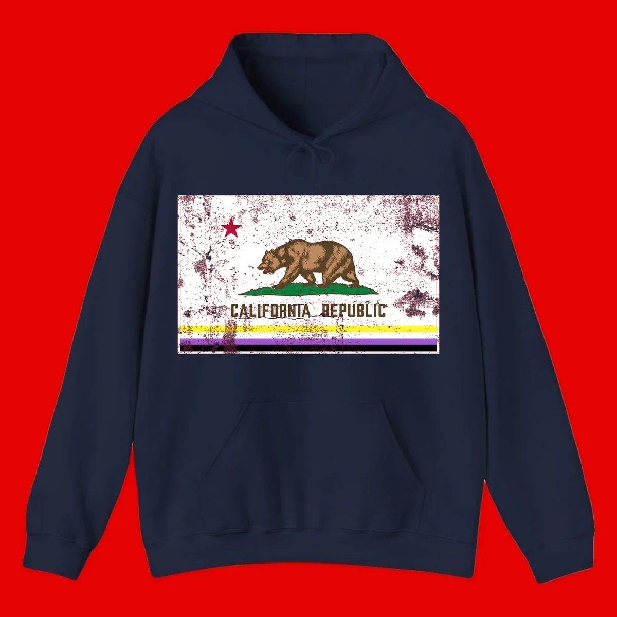Vintage distressed California Republic bear design with red star, standing on green grass, with yellow, purple, and black pride flag stripes below