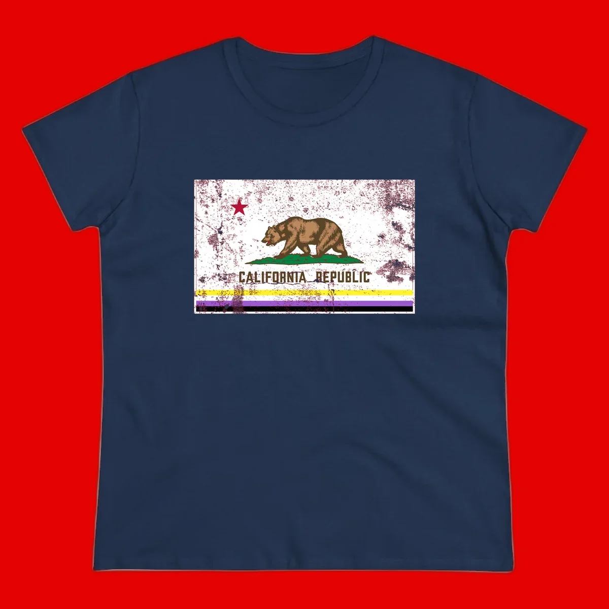 Vintage distressed California Republic bear design with red star, standing on green grass, with yellow, purple, and black pride flag stripes below