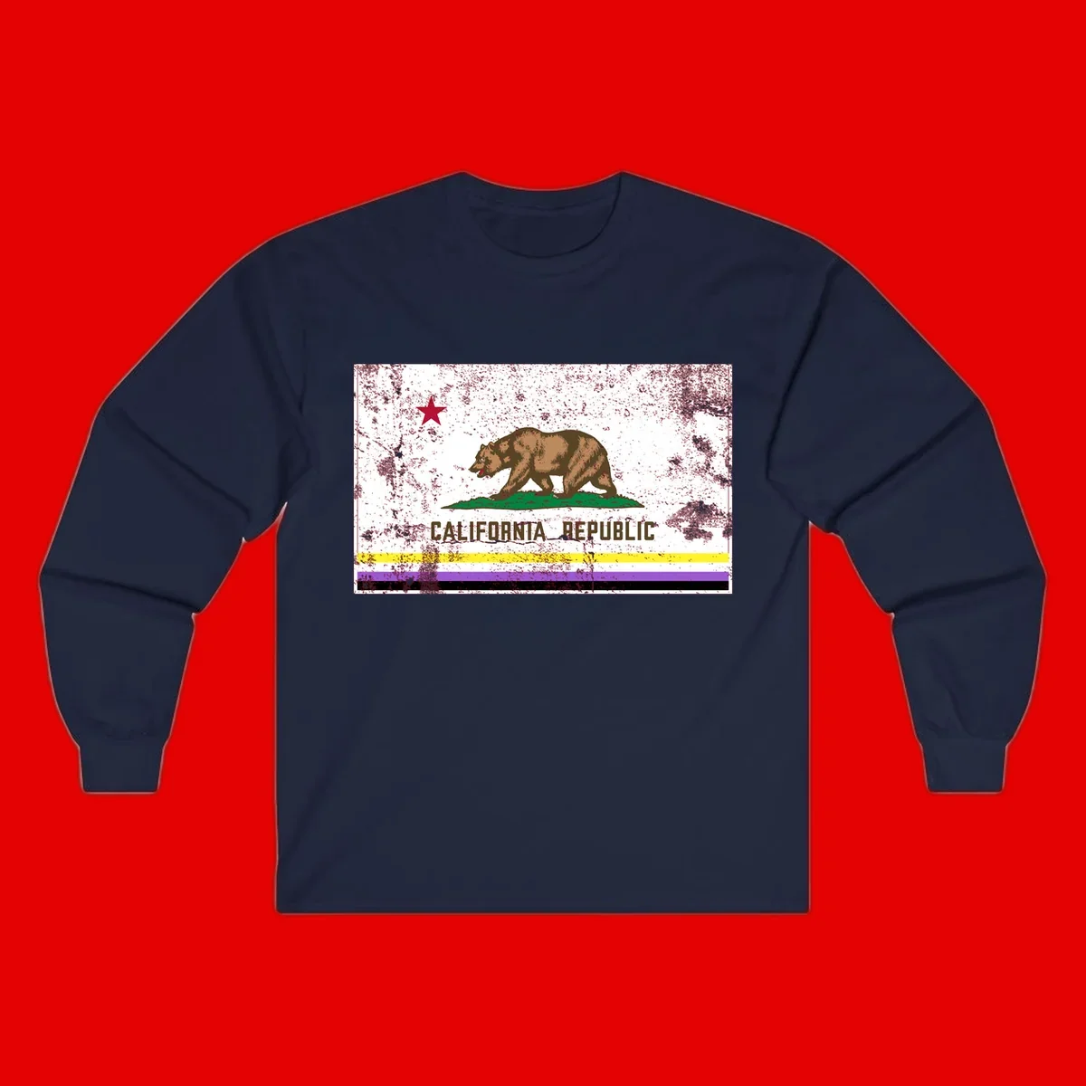 Vintage distressed California Republic bear design with red star, standing on green grass, with yellow, purple, and black pride flag stripes below