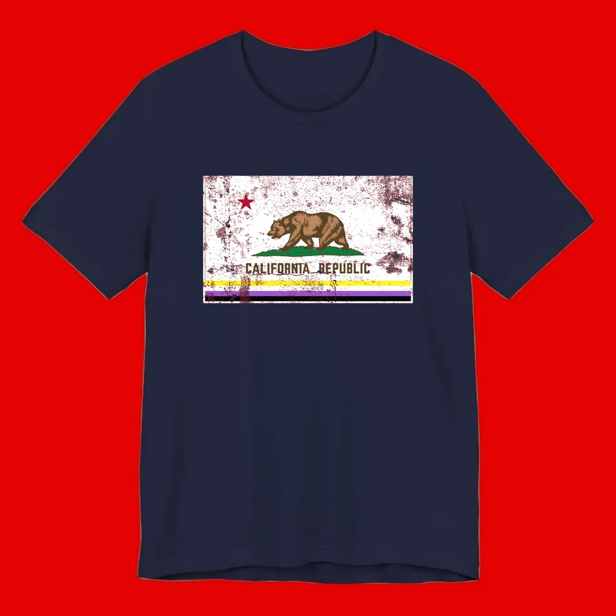 Vintage distressed California Republic bear design with red star, standing on green grass, with yellow, purple, and black pride flag stripes below