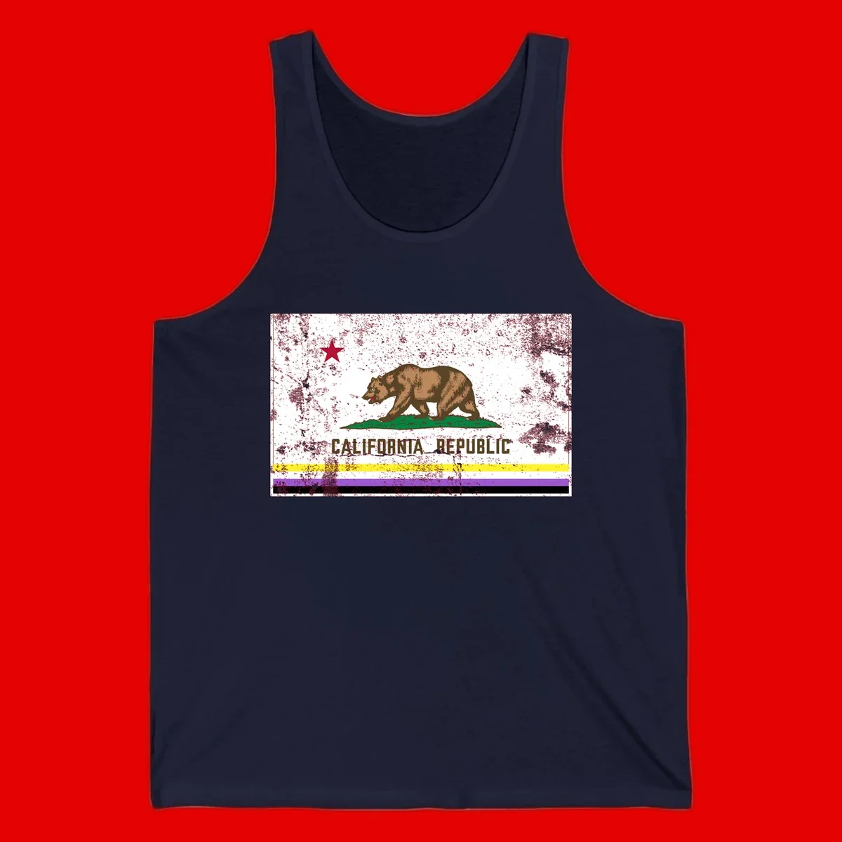 Vintage distressed California Republic bear design with red star, standing on green grass, with yellow, purple, and black pride flag stripes below