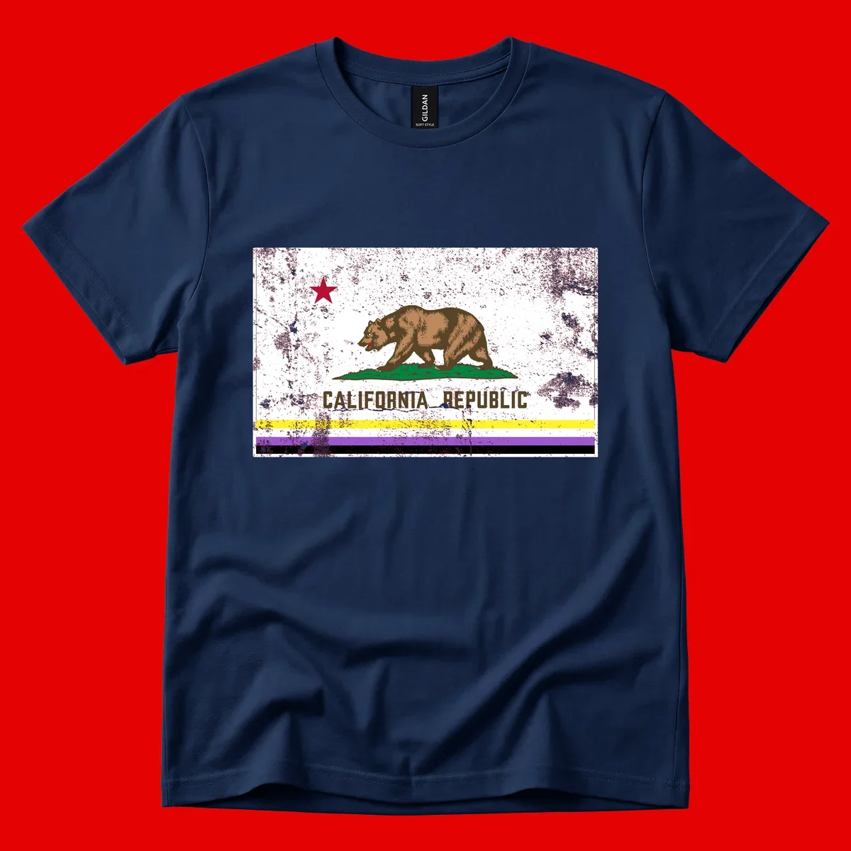 Vintage distressed California Republic bear design with red star, standing on green grass, with yellow, purple, and black pride flag stripes below