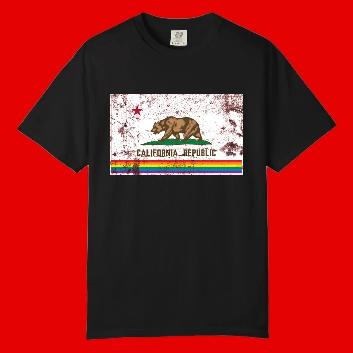 Distressed vintage California Republic flag bear with raised paw on green grass, red star above, CALIFORNIA REPUBLIC text, and rainbow pride stripes below