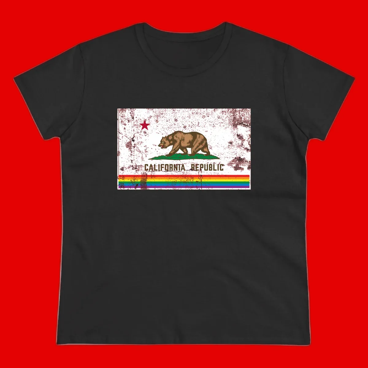 Distressed vintage California Republic flag bear with raised paw on green grass, red star above, CALIFORNIA REPUBLIC text, and rainbow pride stripes below
