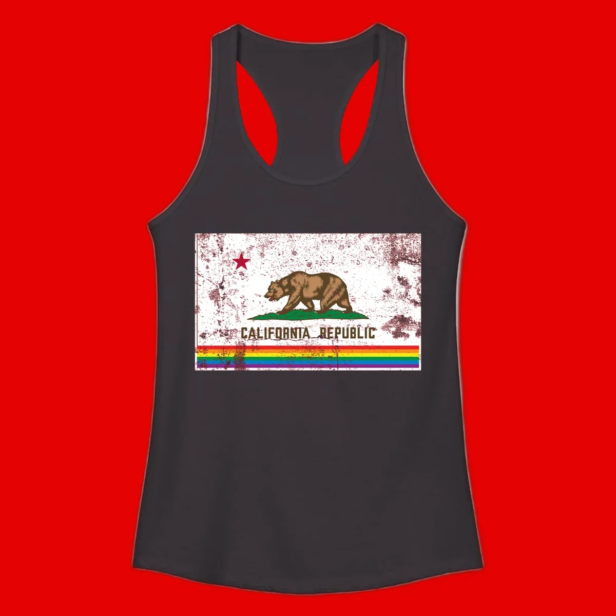 Distressed vintage California Republic flag bear with raised paw on green grass, red star above, CALIFORNIA REPUBLIC text, and rainbow pride stripes below