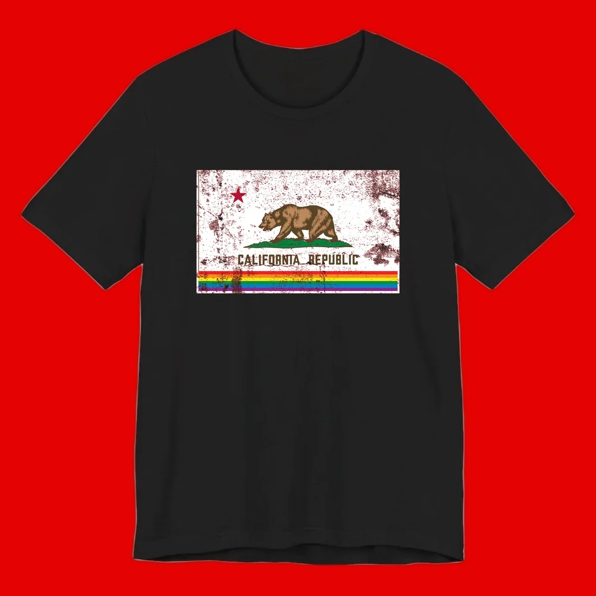 Distressed vintage California Republic flag bear with raised paw on green grass, red star above, CALIFORNIA REPUBLIC text, and rainbow pride stripes below