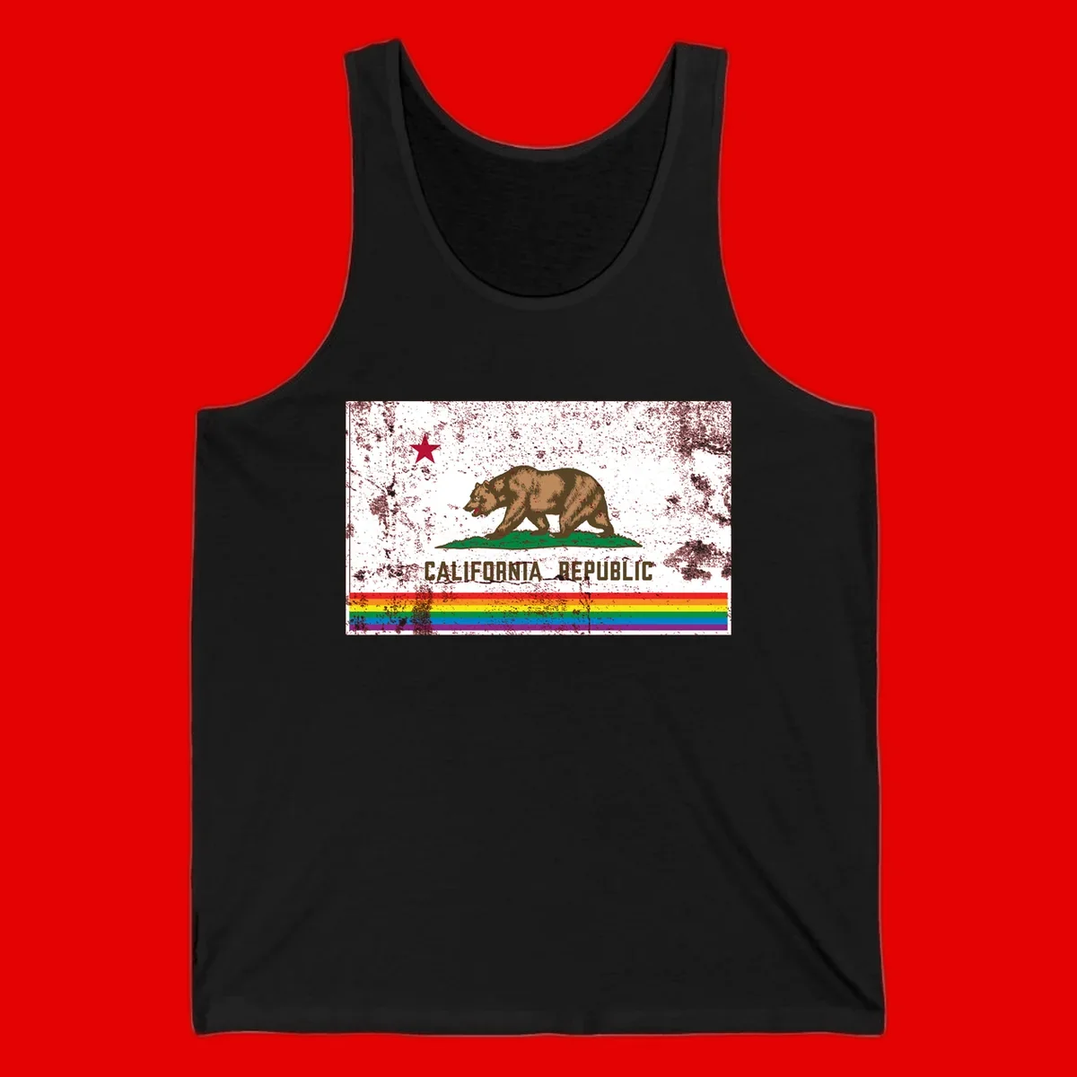 Distressed vintage California Republic flag bear with raised paw on green grass, red star above, CALIFORNIA REPUBLIC text, and rainbow pride stripes below