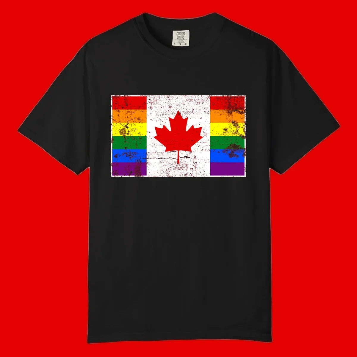 Canadian maple leaf in red and white centered between rainbow pride flag stripes with grunge texture, celebrating Canada pride