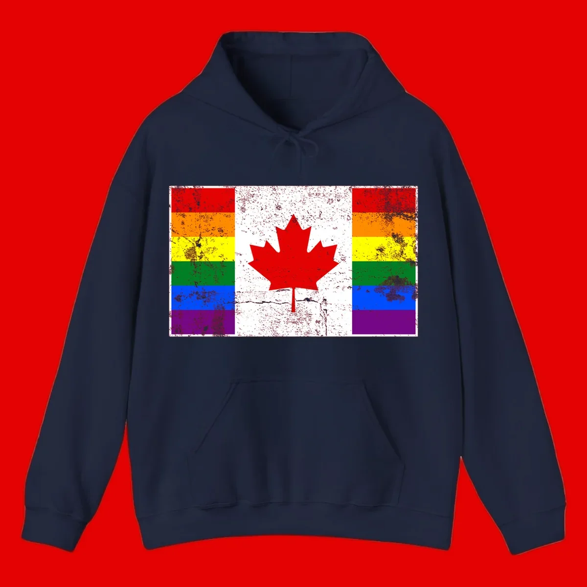 Canadian maple leaf in red and white centered between rainbow pride flag stripes with grunge texture, celebrating Canada pride