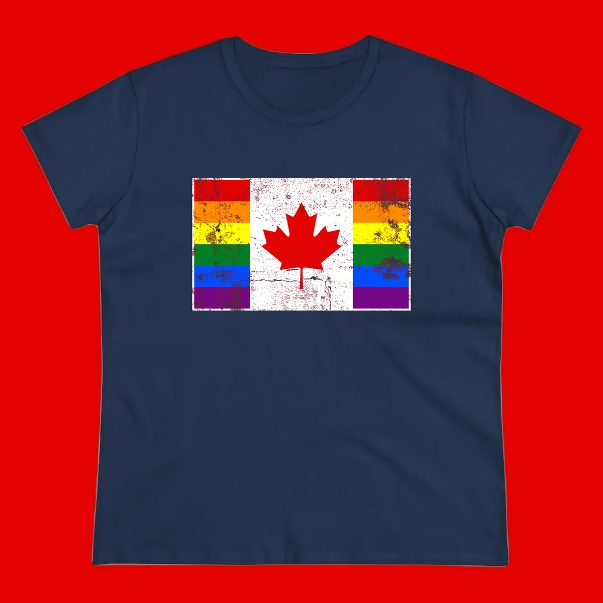 Canadian maple leaf in red and white centered between rainbow pride flag stripes with grunge texture, celebrating Canada pride