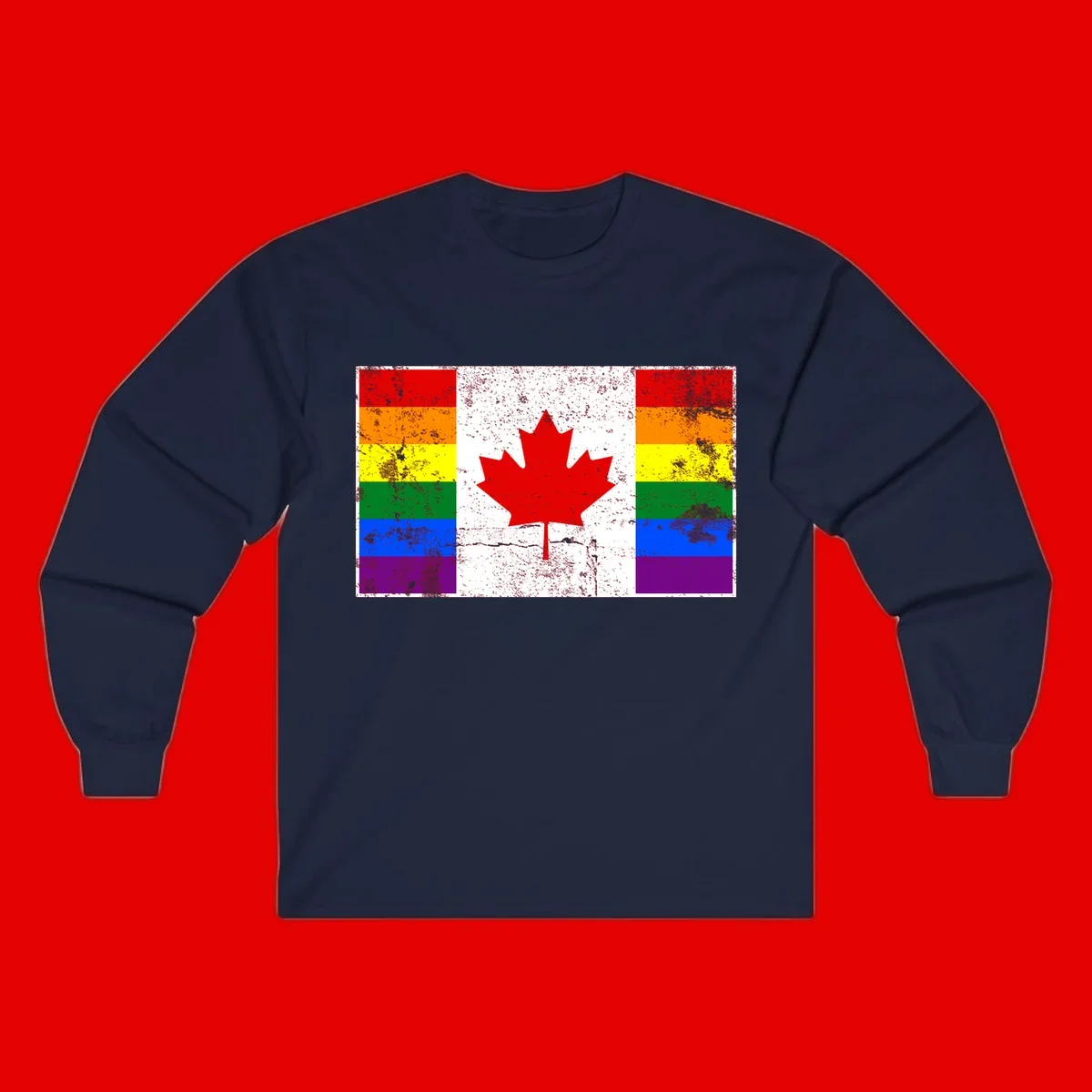 Canadian maple leaf in red and white centered between rainbow pride flag stripes with grunge texture, celebrating Canada pride