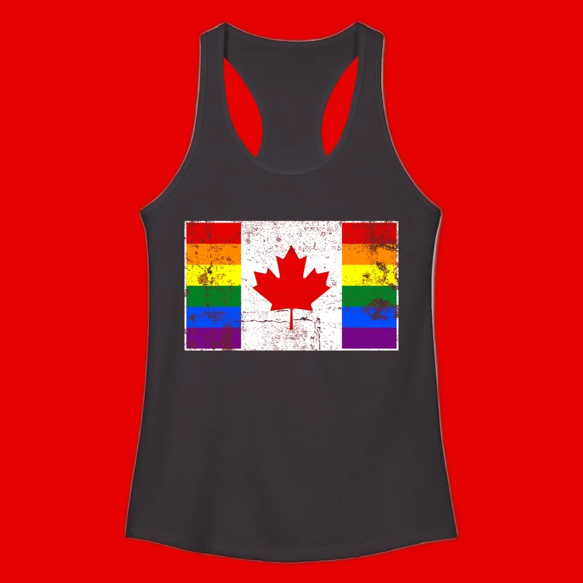 Canadian maple leaf in red and white centered between rainbow pride flag stripes with grunge texture, celebrating Canada pride