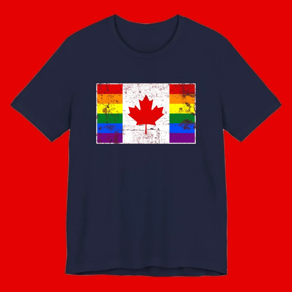 Canadian maple leaf in red and white centered between rainbow pride flag stripes with grunge texture, celebrating Canada pride