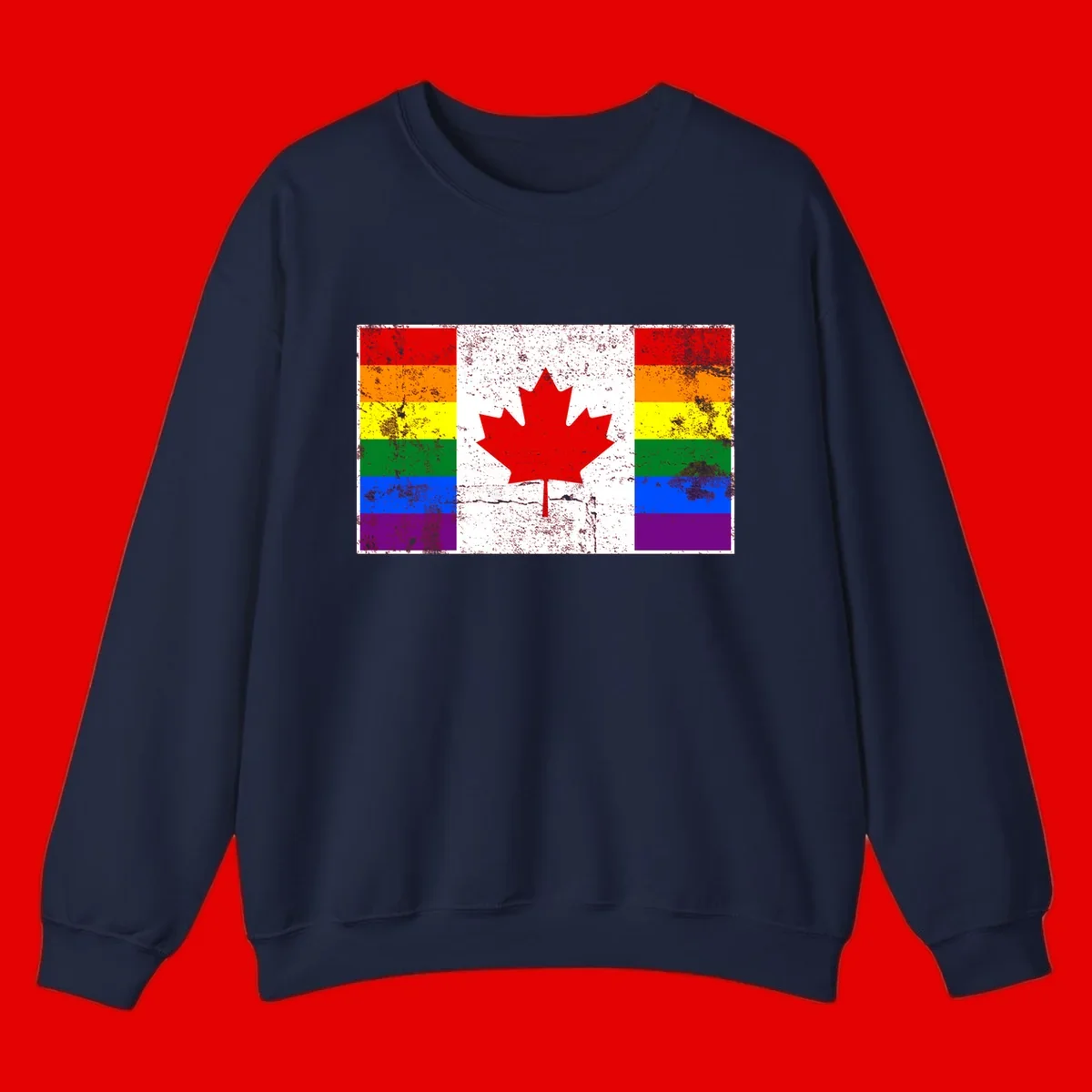 Canadian maple leaf in red and white centered between rainbow pride flag stripes with grunge texture, celebrating Canada pride