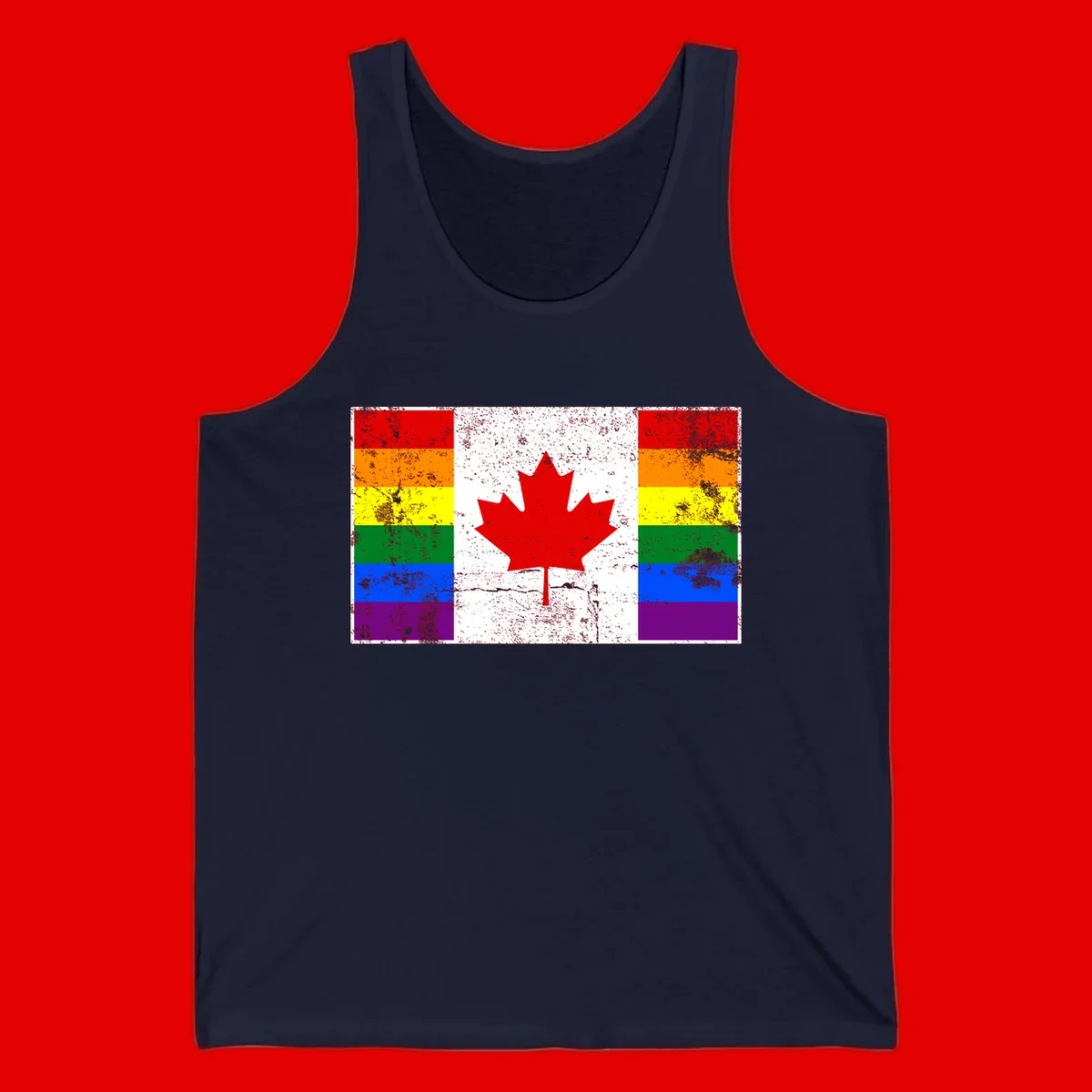 Canadian maple leaf in red and white centered between rainbow pride flag stripes with grunge texture, celebrating Canada pride