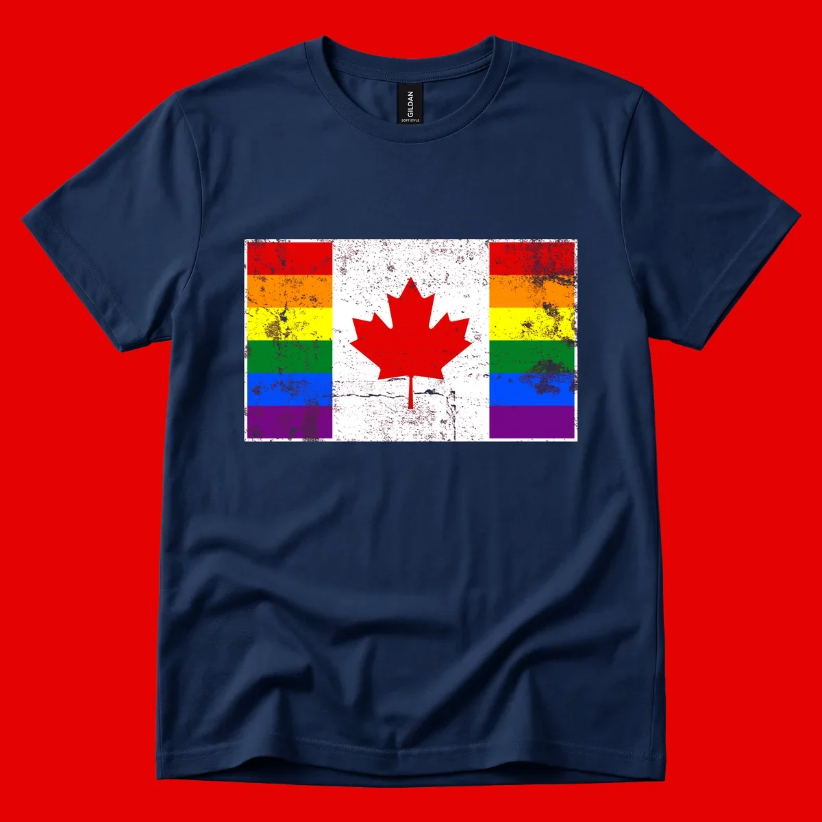 Canadian maple leaf in red and white centered between rainbow pride flag stripes with grunge texture, celebrating Canada pride