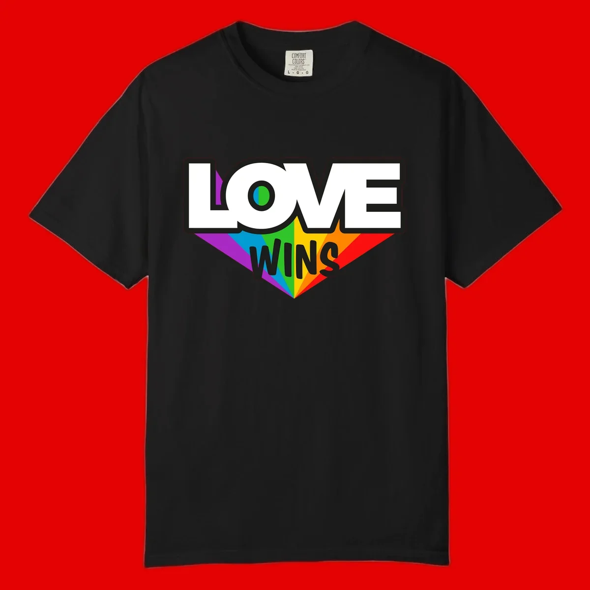 Love wins pride design with rainbow wings and gradient eye symbol in vibrant purple, blue, green, yellow, orange and red colors