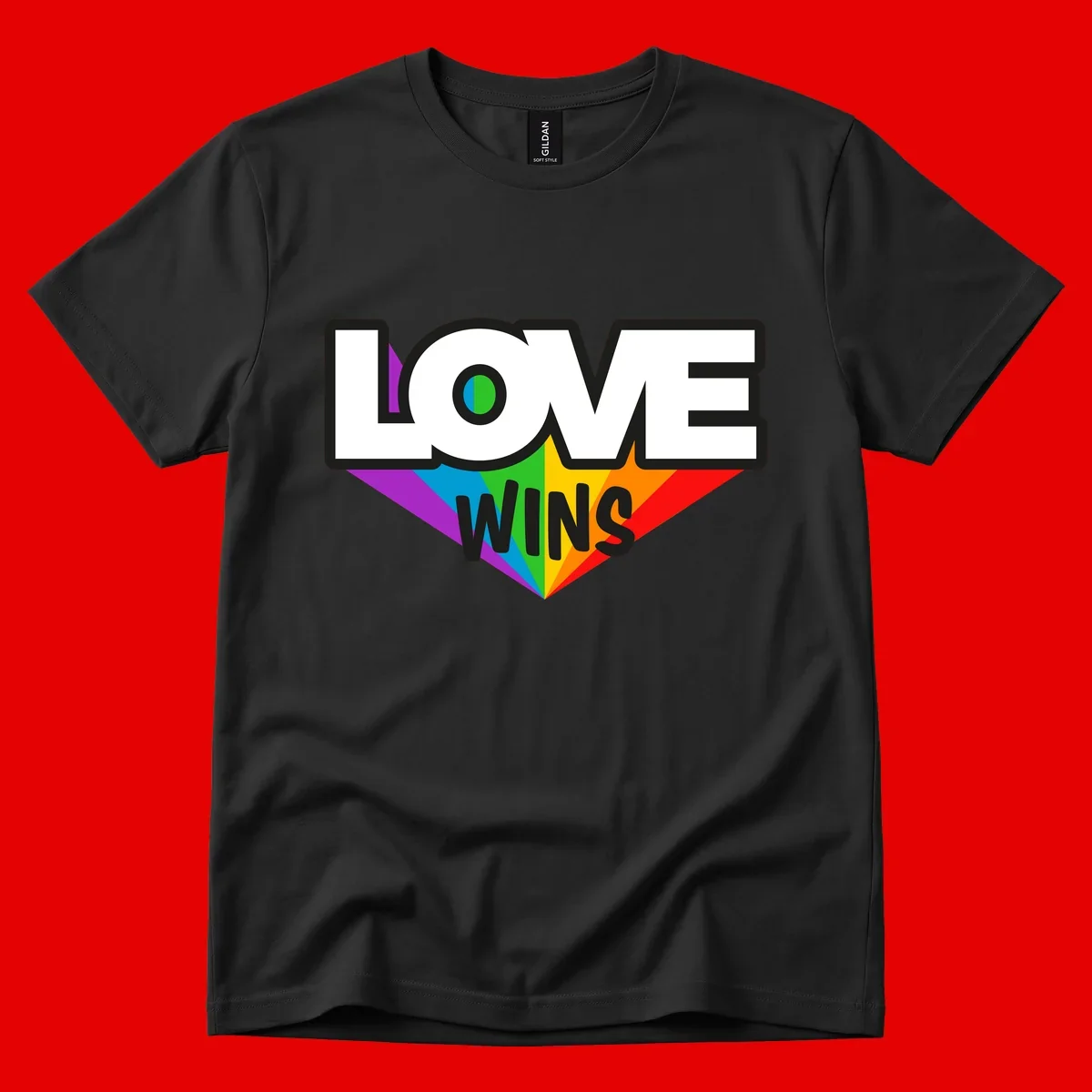Love wins pride design with rainbow wings and gradient eye symbol in vibrant purple, blue, green, yellow, orange and red colors