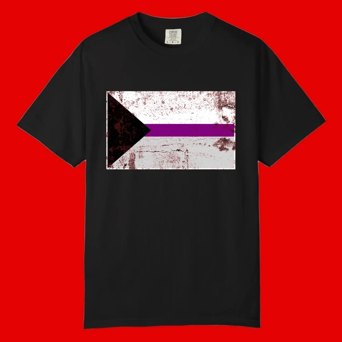 Asexual pride flag with black, purple, white, and gray horizontal stripes and rightward chevron, distressed grunge texture