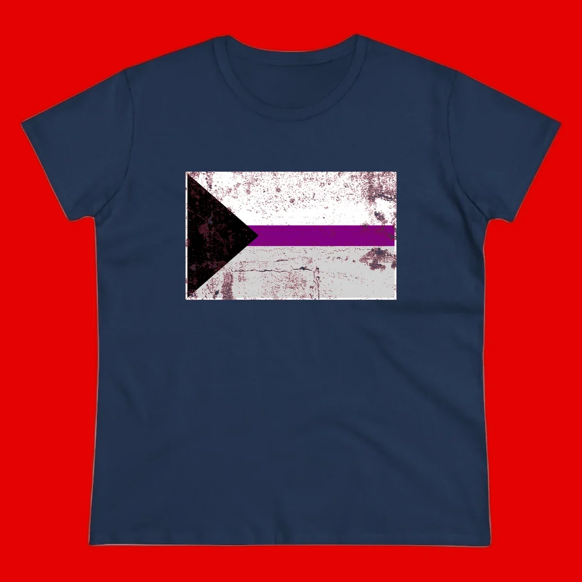 Asexual pride flag with black, purple, white, and gray horizontal stripes and rightward chevron, distressed grunge texture