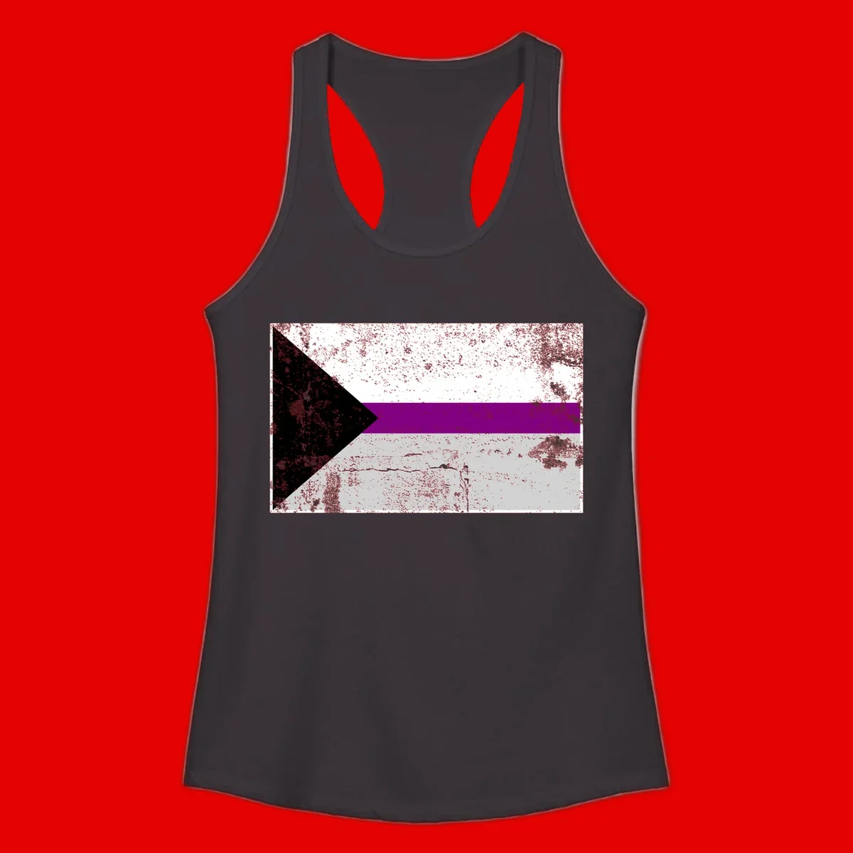 Asexual pride flag with black, purple, white, and gray horizontal stripes and rightward chevron, distressed grunge texture