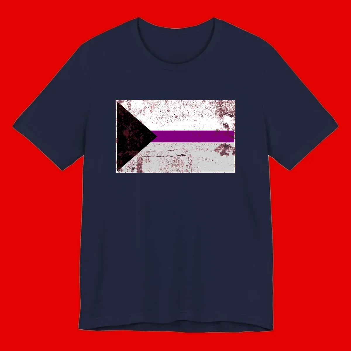Asexual pride flag with black, purple, white, and gray horizontal stripes and rightward chevron, distressed grunge texture