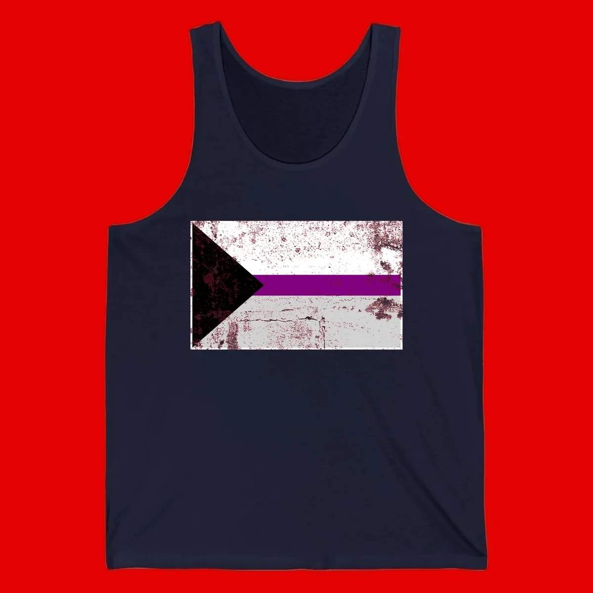 Asexual pride flag with black, purple, white, and gray horizontal stripes and rightward chevron, distressed grunge texture