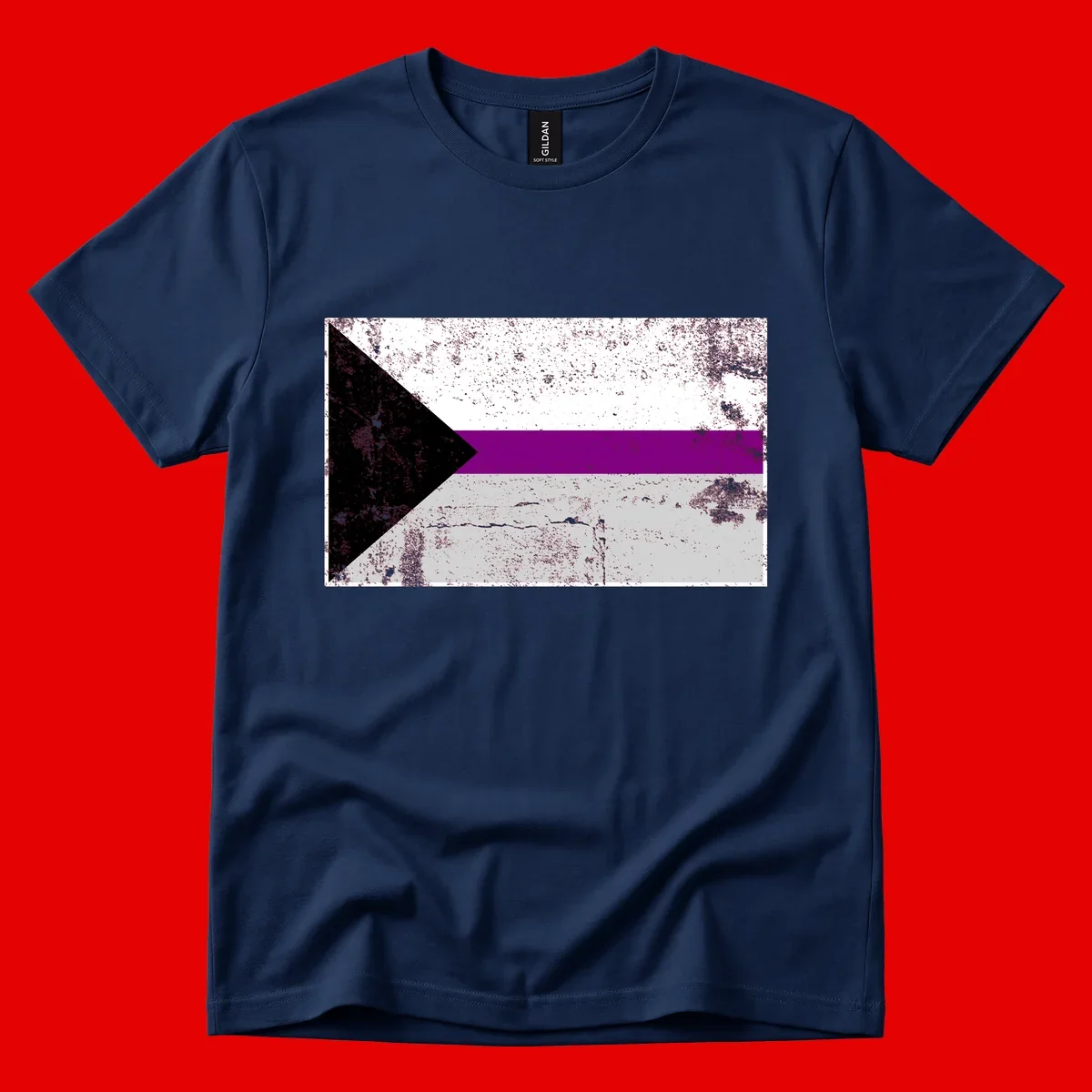 Asexual pride flag with black, purple, white, and gray horizontal stripes and rightward chevron, distressed grunge texture