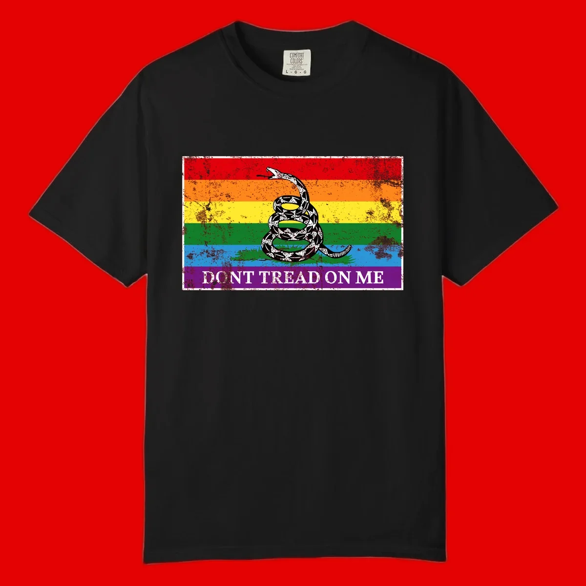 Rainbow pride flag with coiled snake and 'Don't Tread On Me' text - don't tread pride snake design