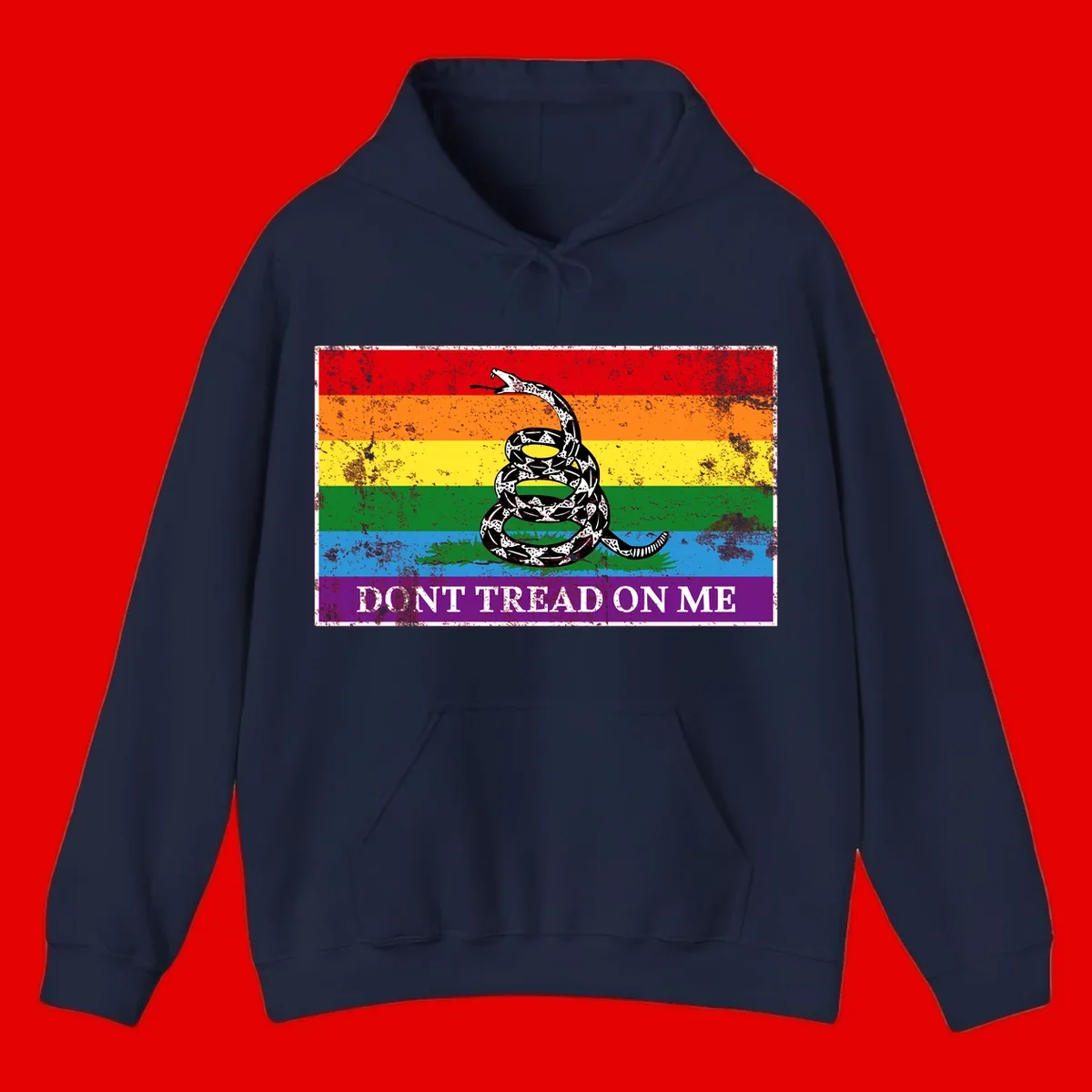 Rainbow pride flag with coiled snake and 'Don't Tread On Me' text - don't tread pride snake design