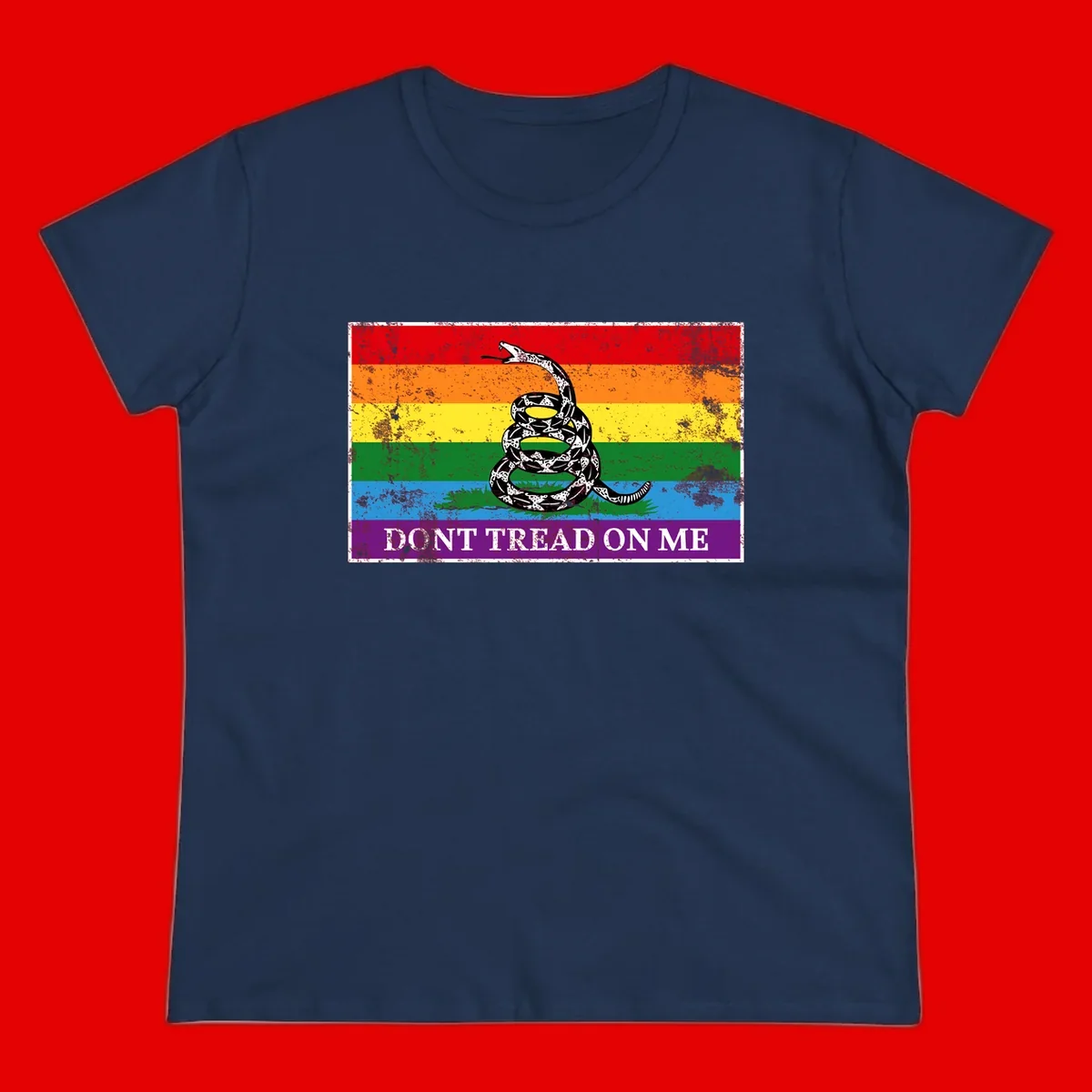 Rainbow pride flag with coiled snake and 'Don't Tread On Me' text - don't tread pride snake design