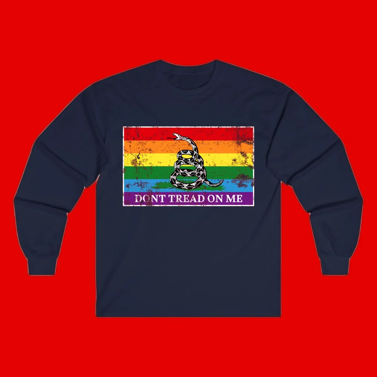 Rainbow pride flag with coiled snake and 'Don't Tread On Me' text - don't tread pride snake design