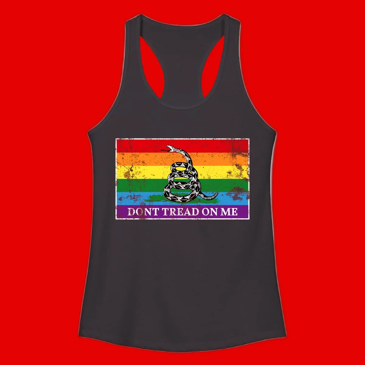 Rainbow pride flag with coiled snake and 'Don't Tread On Me' text - don't tread pride snake design