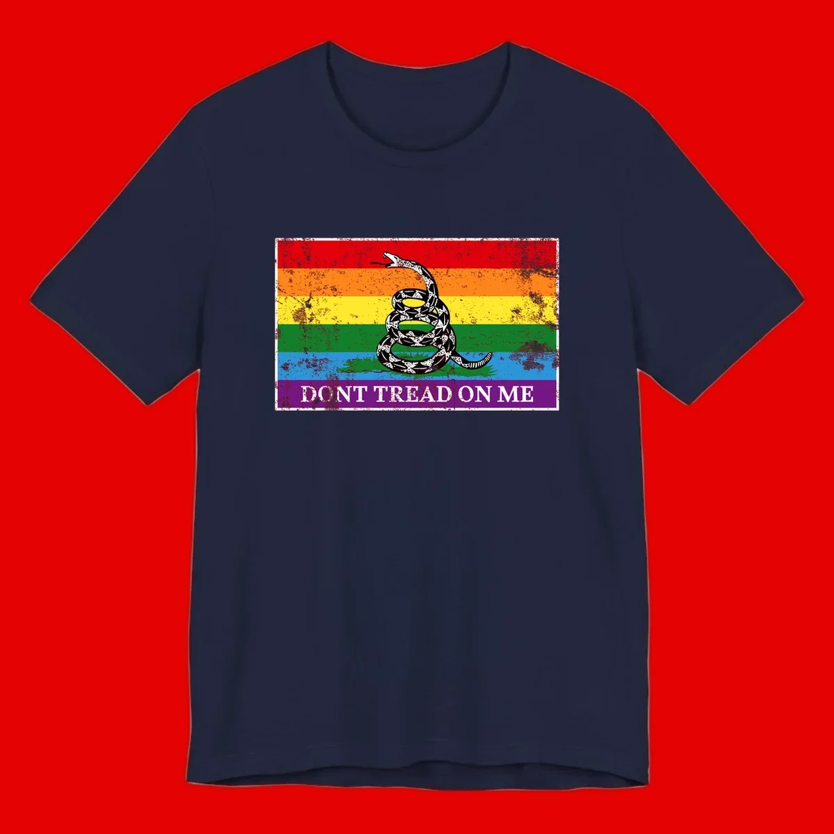 Rainbow pride flag with coiled snake and 'Don't Tread On Me' text - don't tread pride snake design