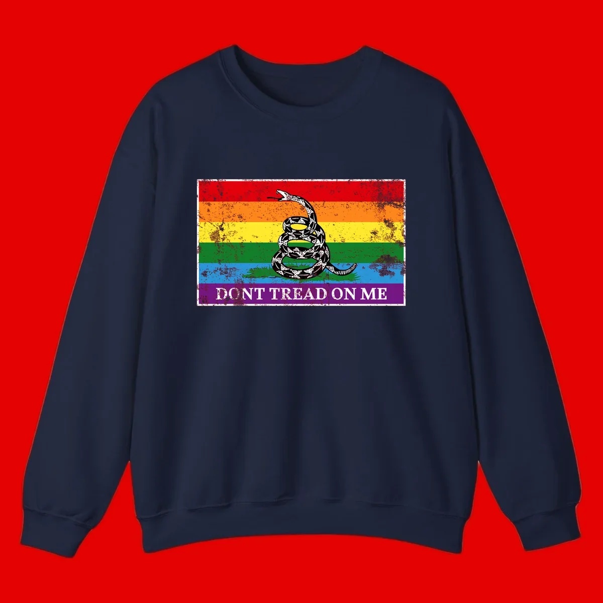 Rainbow pride flag with coiled snake and 'Don't Tread On Me' text - don't tread pride snake design