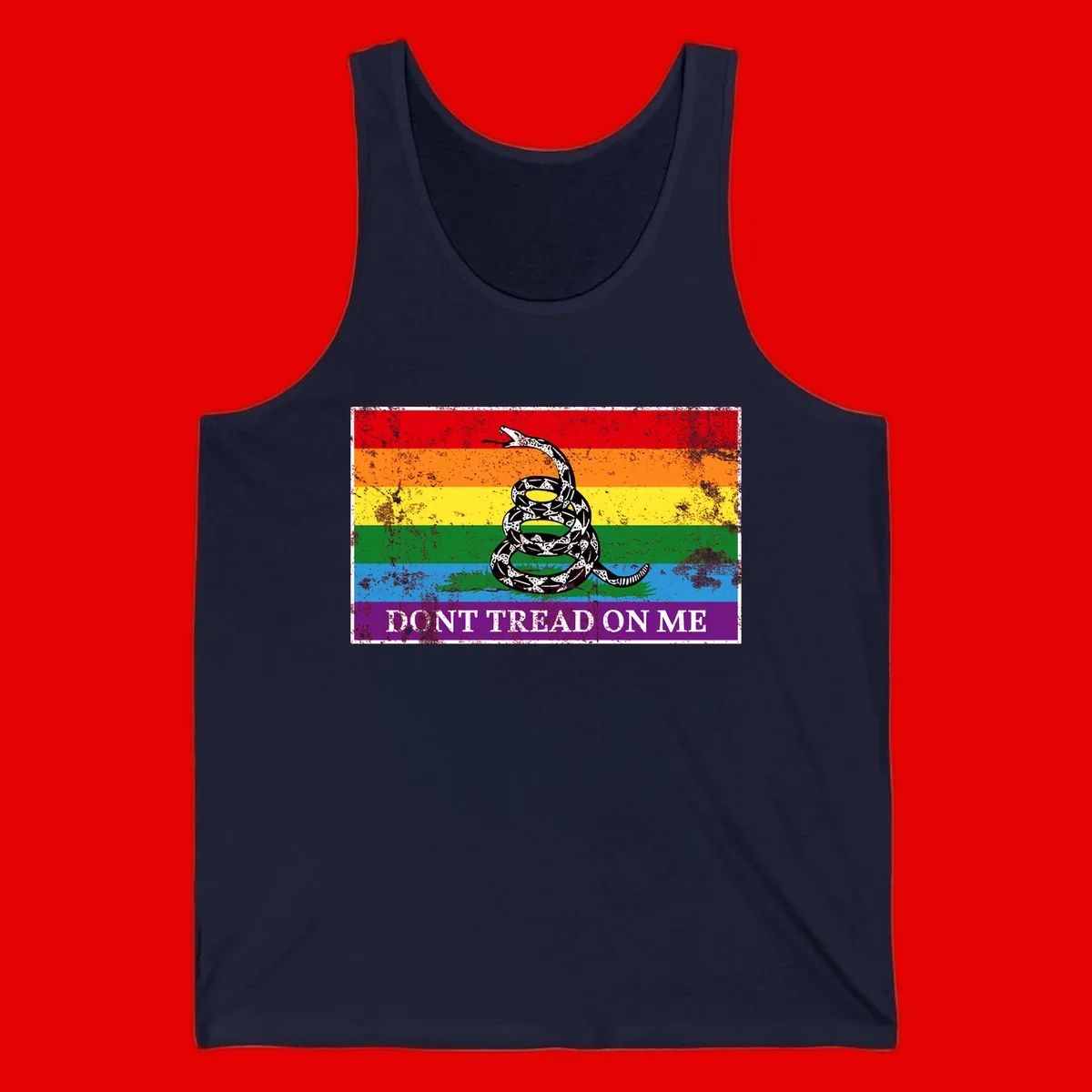 Rainbow pride flag with coiled snake and 'Don't Tread On Me' text - don't tread pride snake design