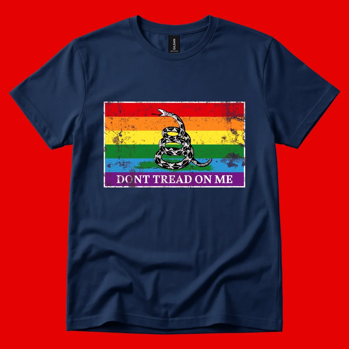 Rainbow pride flag with coiled snake and 'Don't Tread On Me' text - don't tread pride snake design